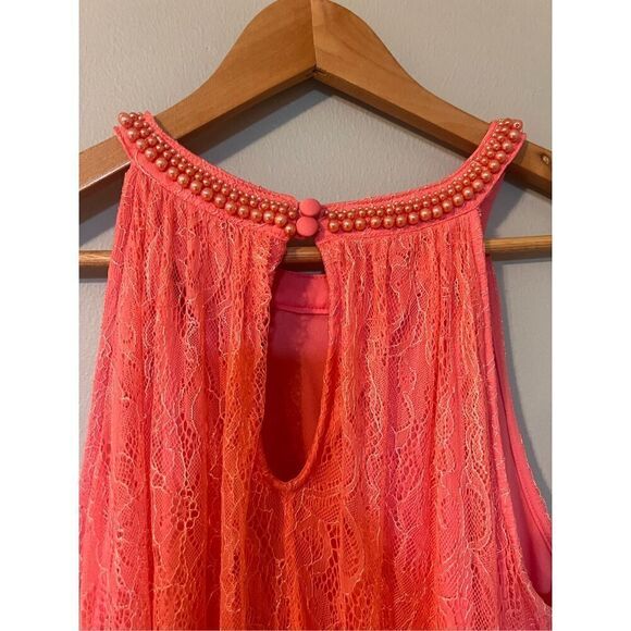 Adrianna Papell 10 High Neck Sleeveless Cocktail Dress Coral Pink Lace Overlay - Picture 12 of 14